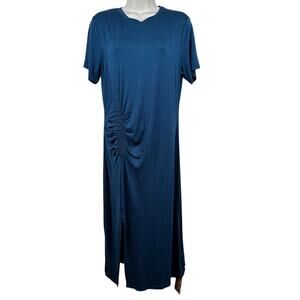 NEW Halara Midi Dress Short Sleeve Ruching Crew Neck Blue XL Cotton Casual